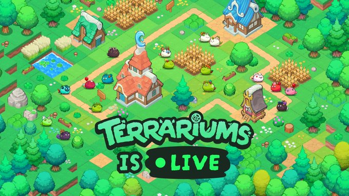 The image shows a green forest with a castle-like structure at its center. The text "TERRARIUMS IS LIVE" is displayed above the scene, indicating that this is an illustration or representation of terrariums being live. The caption below the image provides information about the efficiency comparison across all three types of land: Arctic Land (A), Desert Land (D), and Forest Land (F). It states that the high-tier "Arctic Land" results in the lowest efficiency, with an Axie Flame score of only 1,000pt. The post is written in a casual tone, focusing on the analysis rather than providing any personal opinions or commentary.