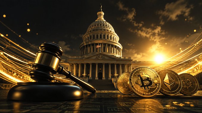 Digital artwork featuring a gavel and physical representations of Bitcoin, Ethereum, and Solana coins in front of the U.S. Capitol building against a glowing golden background.