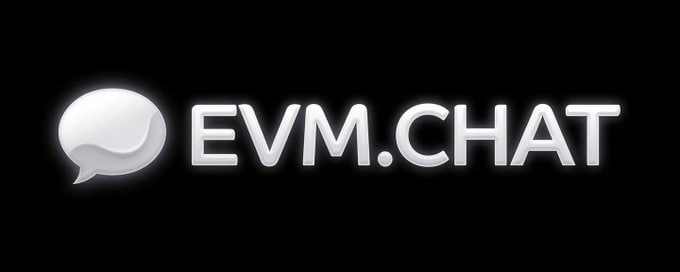 Logo image with a white speech bubble icon and the text 'EVM.CHAT' in silver lettering on a black background.