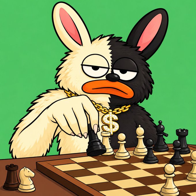 An illustration of a rabbit with a black and white patchy face and a gold dollar sign chain playing chess, with a skeptical expression as it moves a black pawn on the board.