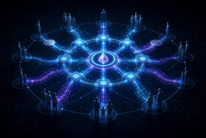 A futuristic digital network illustration featuring an Ethereum logo at the center, surrounded by glowing purple and blue connections linking various groups of people standing on circular platforms.