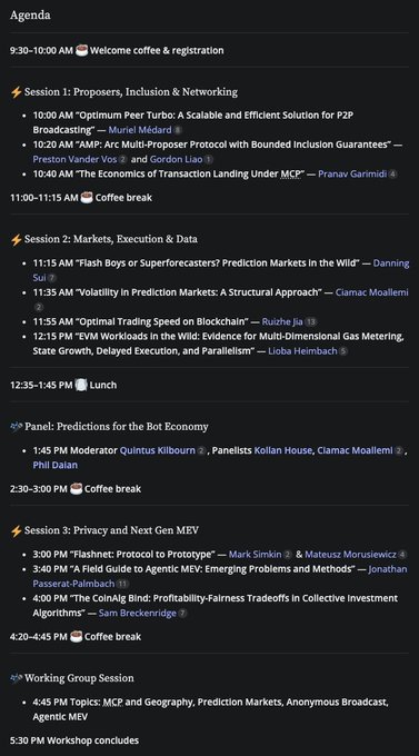 The image shows the agenda for the MEV-SBC '26 workshop at Stanford on Thursday, July 30, starting at 9:30 AM. The schedule includes sessions on "Proposers, Inclusion and Networking," "Markets, Execution & Data," a panel on "Predictions for the Bot Economy," and "Privacy and Next Gen MEV," followed by a Working Group Session, with featured speakers like Muriel Médard, Ciamac Moallemi, Mark Simkin, and Andrew Miller discussing topics such as P2P broadcasting, prediction markets, blockchain trading, flashnet, and MEV.