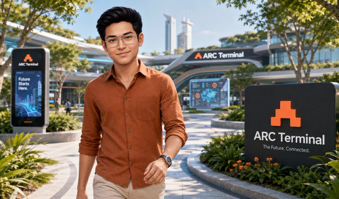 A digital illustration of a young man in a rust-colored shirt standing in front of a futuristic building with signs reading 'ARC Terminal' and 'Future Starts Here.'