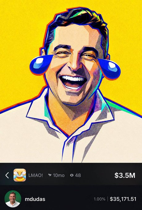 A stylized pop-art portrait of a laughing man wearing a green shirt with blue sunglasses, above a trading interface showing 'LMAO!' with a $3.5M value and 'mdudas' with $35,171.51.