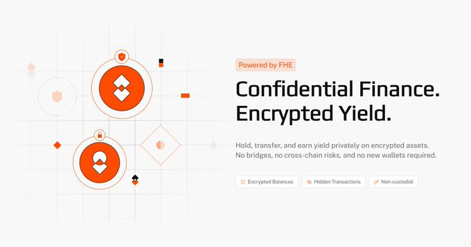 A marketing banner reading 'Powered by FHE' with the headline 'Confidential Finance. Encrypted Yield.', describing encrypted asset transactions with features like 'Encrypted Balances', 'Hidden Transactions', and 'Non-Custodial'.