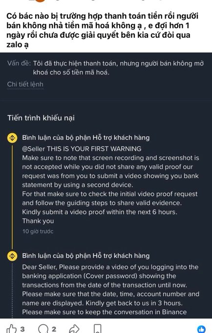 A screenshot of a support ticket conversation about a payment issue, showing responses from 'bộ phận Hỗ trợ khách hàng' requesting a video showing a bank statement to verify a transaction.