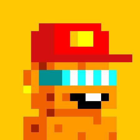 Pixel art of an orange character wearing a red cap and cyan-striped headband, with a small tongue sticking out, on a yellow background.