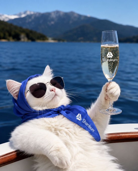 The image features a white cat wearing sunglasses, a blue scarf, and holding a glass of champagne while sitting on top of a boat. The caption reads "Gm It's Sunday. Please refrain from reaching out to me unless it' s about being onchain".