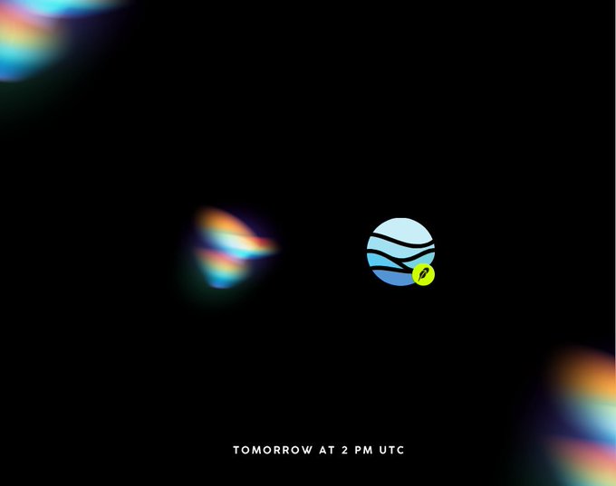 A black promotional graphic featuring a blue and green logo with the text "TOMORROW AT 2 PM UTC" announcing the upcoming launch of the $WAVE token.