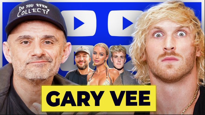 A YouTube thumbnail featuring Gary Vaynerchuk in a 'Do you even collect?' hat on the left, Logan Paul on the right, with other creators in the middle and 'GARY VEE' in large yellow text at the bottom.