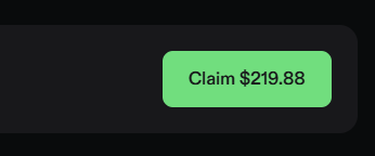 The image shows a black background with a green rounded rectangle in the center displaying the text "Claim $219.88." This visually represents the USDC rewards collected on day 21 from managing positions on PhoenixTrade, as referenced in the accompanying post about earning $220 in daily rewards.