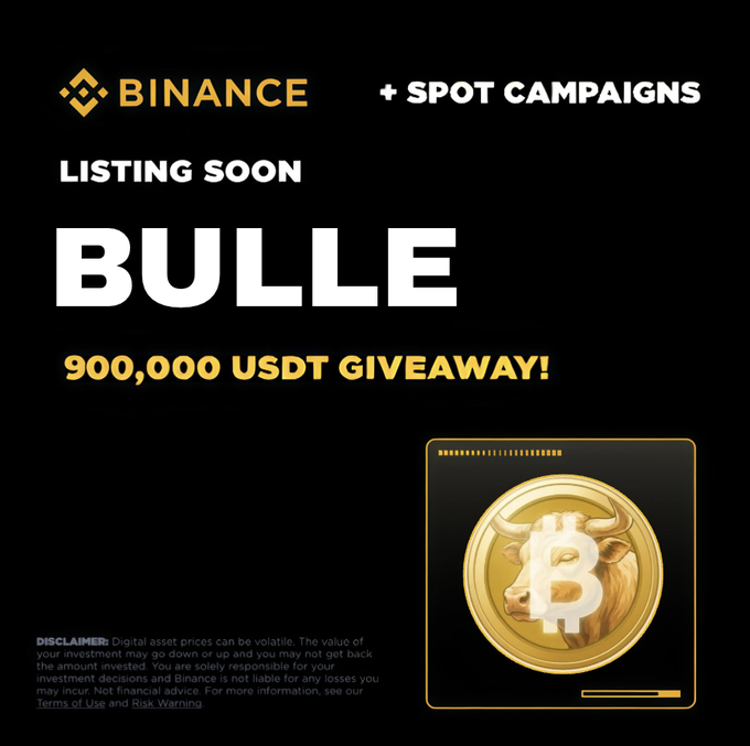 Binance announces a listing for BULLE with a 900,000 USDT giveaway campaign, featuring a gold bull/Bitcoin-themed coin illustration. The promotional image supports the post claiming a BULLE airdrop offering 125,000 tokens per wallet, though Binance's official giveaway would require verification through legitimate channels rather than the requested wallet address submission.