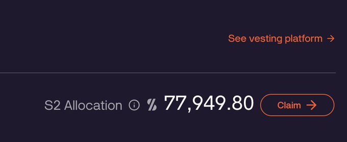The image shows a dashboard snippet displaying an S2 Allocation of $77,949.80 alongside a "Claim" button, with a "See vesting platform" link in the upper right. This visually supports the post announcing that the S2 $SLX allocation is now live and claimable on the dashboard.