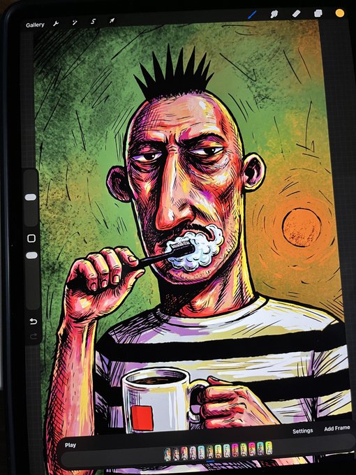 A digital illustration on a tablet screen depicts a spiky-haired man with tired eyes brushing his teeth while holding a mug, rendered in a vibrant comic book style with green and orange hues. The image relates to the post "GM 10 out of 100 #wip," which suggests this stylized portrait is the artist's "good morning" post and one of a series of in-progress works.