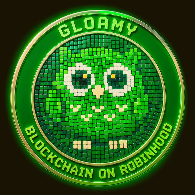 A digital token or coin labeled 'GLOAMY' featuring a pixelated green owl face, with text reading 'BLOCKCHAIN ON ROBINHOOD' around the bottom edge.