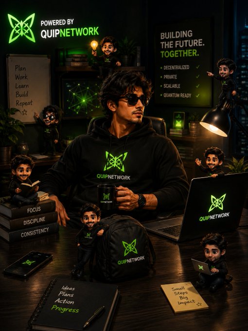 A promotional graphic for 'QUIP NETWORK' featuring a man in a black hoodie working at a desk, surrounded by small cartoon avatars, with text 'BUILDING THE FUTURE. TOGETHER.' and lists of decentralized, private, and scalable features.