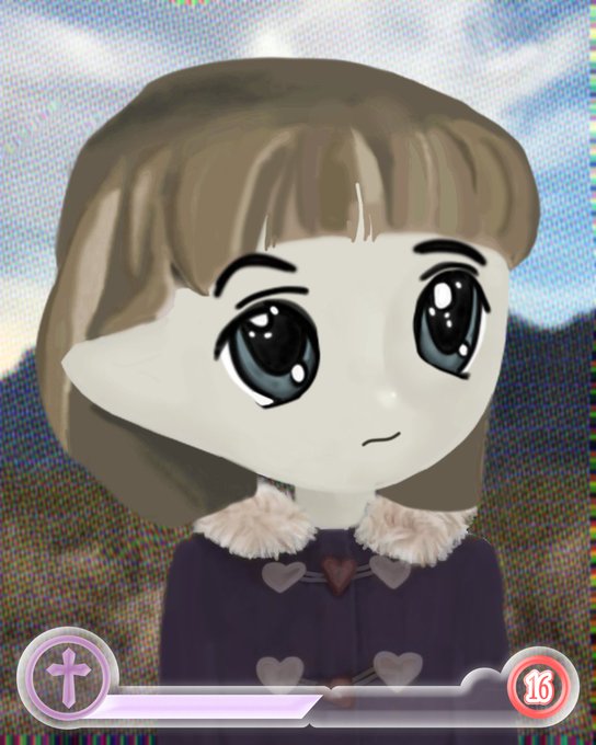 An anime-style chibi character with brown hair, large eyes, and a purple heart-patterned outfit is displayed with a pink health/energy bar at the bottom.