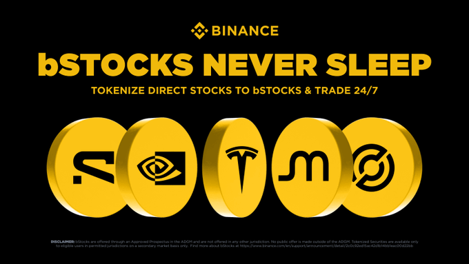 A promotional Binance advertisement featuring the headline "bSTOCKS NEVER SLEEP - TOKENIZE DIRECT STOCKS TO bSTOCKS & TRADE 24/7," displaying five gold tokens marked with logos for Tesla, NVIDIA, Apple, MicroStrategy, and Coinbase, illustrating the thread's point about the "bStocks" branding representing a broader concept than simply tokenized stocks.