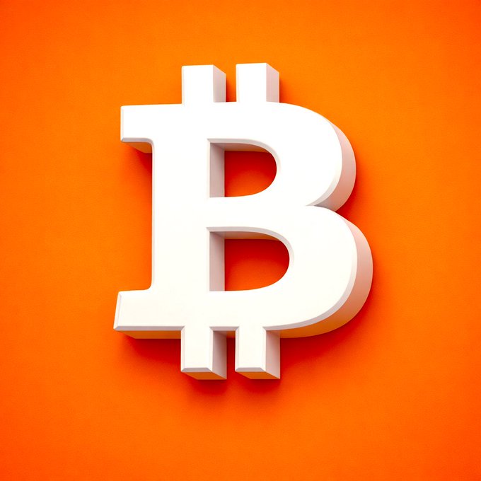 A bold 3D rendering of the white Bitcoin (₿) cryptocurrency symbol set against a vibrant orange background.