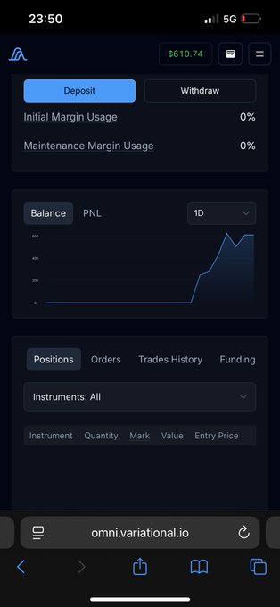 A mobile screenshot of a trading platform (omni.variational.io) showing a balance of $610.74, deposit/withdraw options, and a balance chart over 1D.