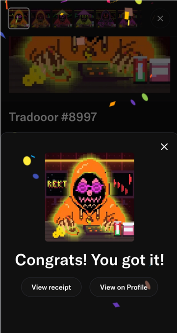 A mobile screenshot celebrating the acquisition of "Tradooor #8997," showing pixel art of a hooded figure in orange with "REKT" displayed on a monitor, along with "Congrats! You got it!" and options to "View receipt" or "View on Profile." The image directly illustrates the post, which welcomes the author to the $REKT community and proudly displays their newly minted token number #8997.