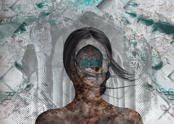 Surreal digital artwork showing a person with long dark hair whose face is obscured by a window revealing an Islamic-style architectural interior, surrounded by torn paper and currency imagery.
