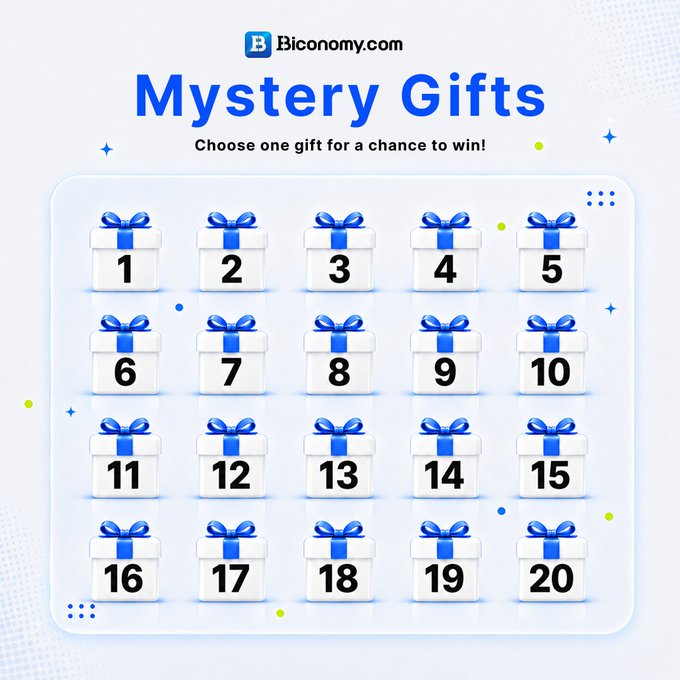 A promotional graphic for Biconomy.com's 'Mystery Gifts' promotion, displaying 20 numbered gift boxes and the text 'Choose one gift for a chance to win!'.