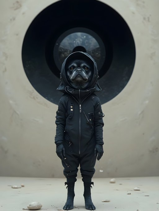 A surreal digital artwork depicting a small, dark figure wearing a hooded jacket and a pug dog's face, standing in front of a large, abstract circular design.