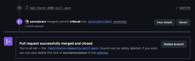 The image shows a computer screen displaying information about the status of a skill pack called "charon-setup". The skill pack is live, as indicated by the green checkmark next to its title. It has been successfully installed, and we can see that it's now open. Additionally, there are two other posts visible in the image which likely provide more details or instructions related to this particular skill pack.