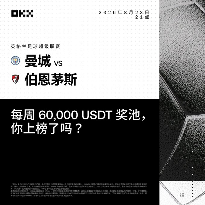 An OKX promotional graphic dated August 23, 2026 advertises an English Premier League match between Manchester City (曼城) and Bournemouth (伯恩茅斯), promoting a weekly 60,000 USDT prize pool.