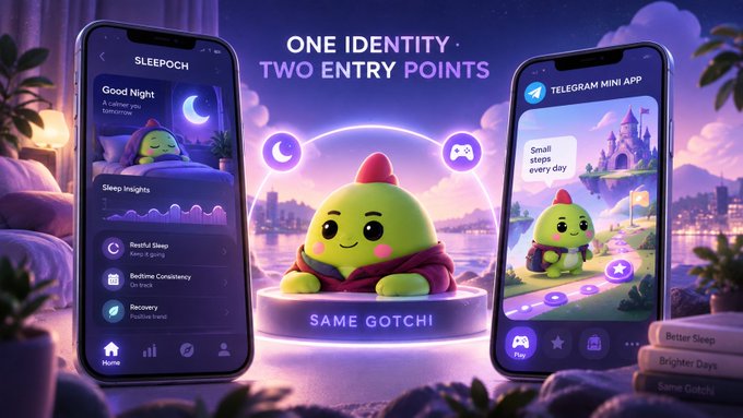 A promotional graphic for 'SAME GOTCHI' featuring a green cartoon character on two smartphone interfaces—one showing a 'SLEEPOCH' sleep tracking app and the other showing a 'TELEGRAM MINI APP'—with the tagline 'ONE IDENTITY. TWO ENTRY POINTS.'