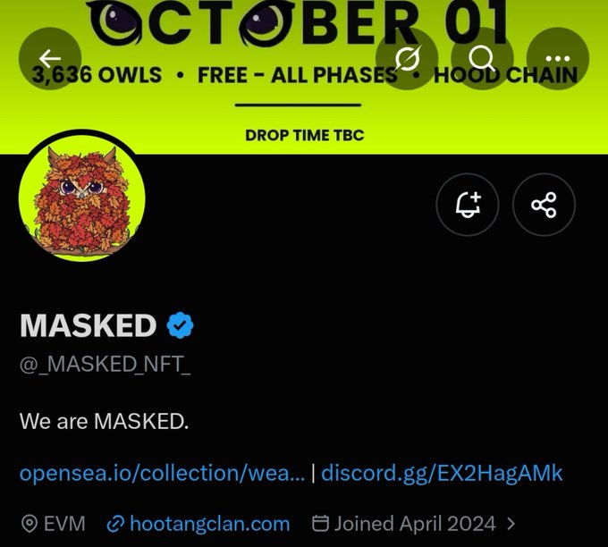 A Twitter/X profile screenshot for @_MASKED_NFT_ features a profile image of a red-masked owl, with the banner reading 'OCTOBER 01' and '3,636 OWLS • FREE - ALL PHASES • HOOD CHAIN'.
