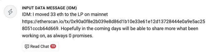 A Telegram chat screenshot displays an "INPUT DATA MESSAGE (IDM)" from user IMD announcing they moved 33 ETH to an LP on mainnet, linking to an Etherscan transaction (0x90a0f8e2b039e8d86d1b10e33e61e12d13728444e0a9e5ac258051cccb64d669) and promising zero promises while teasing future updates. The image relates to the accompanying post about $IMD's on-chain message announcing LP activity.