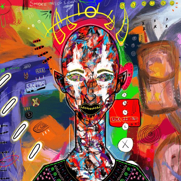 The image features an abstract painting with a face drawn on it, which appears to be a person's head. The painting has a lot of colors and patterns, giving it a unique and eye-catching appearance. The background of the painting includes various elements such as smoke stacks, a clock, and other objects that contribute to the overall artistic style. The image is related to the post "Coming soon on OpenSea. VOID SAINTS A PFP collection consisting of  2222 psychological neo-expression art characters. Each character represents a different mental state. Some became EMPTY. Some got lost inside the GLITCH. Some went silent. But every one of them survived."