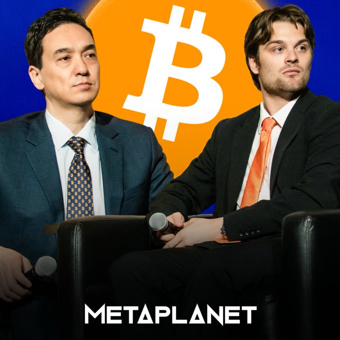 Two men in suits sit on stage holding microphones with the Bitcoin logo and "METAPLANET" branding displayed behind and below them, promoting the company's appearance at an upcoming Bitcoin conference in Hong Kong on August 27-28.