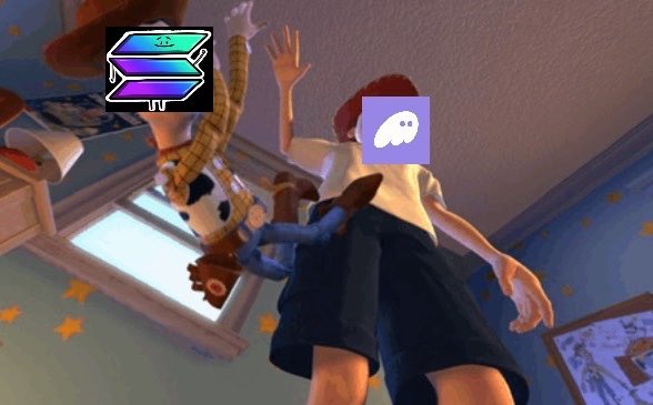 A scene from *Toy Story* shows Woody reaching up toward Buzz Lightyear's helmet, with a "Discord" logo and "PFP" NFT icon overlaid on the characters, playfully illustrating the "Phantom rn" feeling of social media users reacting to profile picture changes.