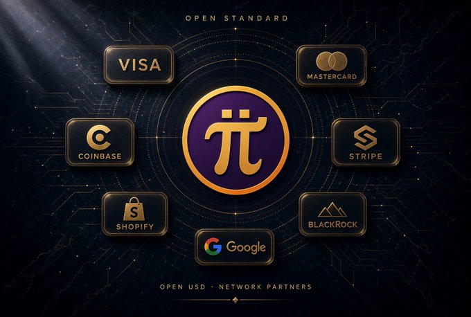 The image is a promotional graphic for "Open Standard," featuring a central gold Pi (π) cryptocurrency logo surrounded by partner company logos including Visa, Mastercard, Coinbase, Stripe, Shopify, BlackRock, and Google, with text at the bottom reading "OPEN USD - NETWORK PARTNERS." This visually illustrates the post's claim about Open Standard's founding partners, showcasing the major companies supporting the project alongside the Pi Network cryptocurrency symbol.