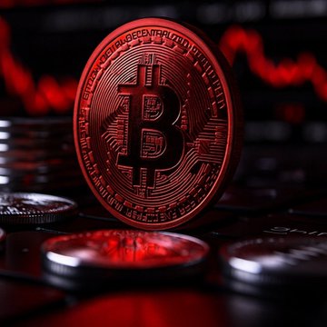 A close-up photograph of a red-tinted physical Bitcoin token with the iconic 'B' symbol, illuminated against a dark background with other coins and red price chart lines visible.