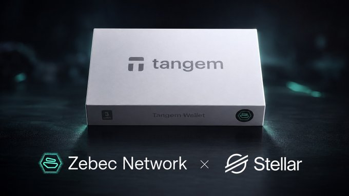 Promotional image of a white Tangem Wallet box on a dark surface, displaying 'Zebec Network × Stellar' at the bottom.