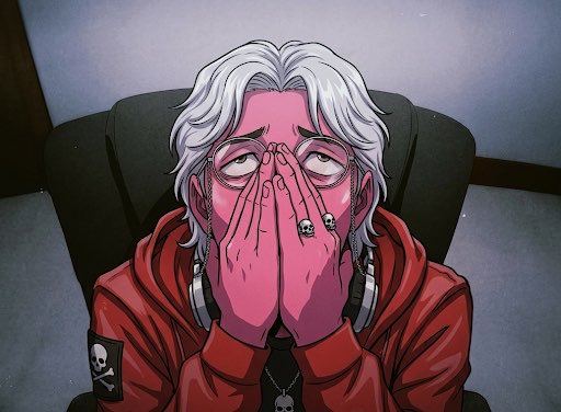 An anime illustration of a distressed person with white hair and a red hoodie covering their face with their hands, wearing skull rings and a skull necklace, seated against a dark wall.