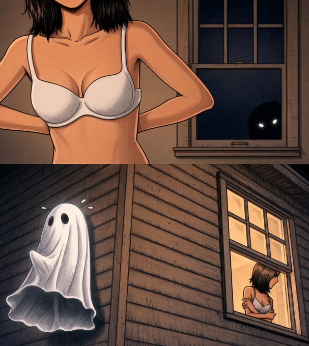 A two-panel comic illustration shows a woman in a bra looking at a shadowy figure with glowing eyes through a window, while a ghost floats outside the building.