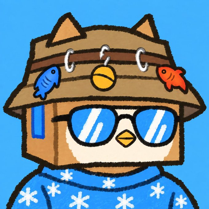 A cartoon character wearing a box-shaped hat adorned with fishing hooks, lures, and a bell, paired with blue sunglasses and a snowflake-patterned shirt, perfectly matches the "boxcat" vibe of the post.