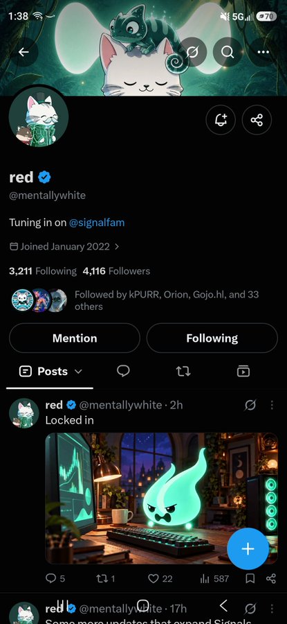 Screenshot of an X (Twitter) profile for user 'red' (@mentallywhite) with 3,211 Following and 4,116 Followers, showing a recent post titled 'Locked in' featuring an image of a glowing green ghost-like flame character on a keyboard.