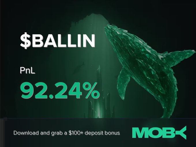 The image showcases a promotional graphic for the meme coin $BALLIN, featuring a striking green, crystalline whale breaching in a dark, underwater-themed background. Key text includes the ticker "$BALLIN," a "PnL" of "92.24%," and a call-to-action for a "$100+ deposit bonus" on the "MOBY" platform, visually highlighting the impressive profit alert noted in the post.