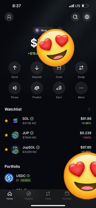 A smartphone screenshot of a crypto trading app showing a watchlist with SOL ($81.86, +0.96%), JUP ($0.239, -1.64%), JupSOL ($97.80, +0.89%), and USDC ($1, +0.02%), with two heart-eyes emojis overlaid.