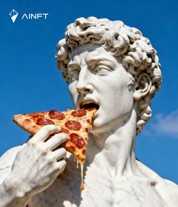 A digital artwork or NFT (branded AINFT) showing a classical marble statue of David eating a pepperoni pizza slice with cheese dripping, set against a blue sky.
