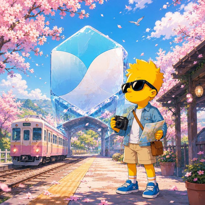 An anime-style illustration of a yellow-haired character wearing sunglasses, holding a camera and map, standing at a train station with cherry blossoms and a large translucent blue cube.