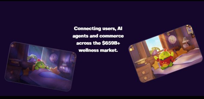 A promotional graphic for Gotchi Labs featuring two smartphone screens displaying the Sleepagotchi app's green character in bedroom settings, with the text "Connecting users, AI agents and commerce across the $659B+ wellness market."