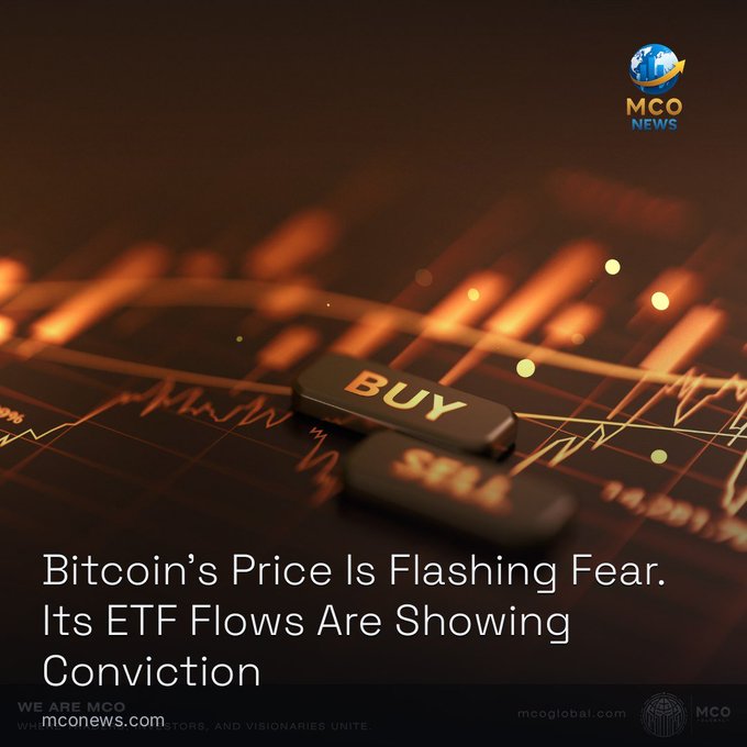 An MCO News graphic features a Buy/Sell button on a stock chart background with the headline 'Bitcoin's Price Is Flashing Fear. Its ETF Flows Are Showing Conviction.'