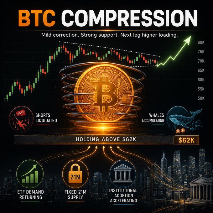 The image is a bullish Bitcoin analysis graphic titled "BTC COMPRESSION" featuring a glowing Bitcoin coin with a tightening symmetrical triangle pattern on a candlestick chart, projecting a breakout toward $80K. It highlights key support at $62K, with supporting factors including ETF demand returning, the fixed 21M supply cap, short liquidations, whale accumulation, and accelerating institutional adoption—all reinforcing the post's message that BTC's next upward leg is loading.